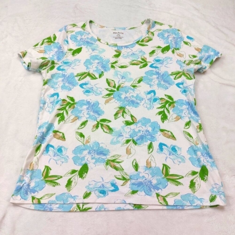WHITE STAG WOMEN'S WHITE WITH BLUE FLORAL SHORT SLEEVE TSHIRT SIZE LARGE